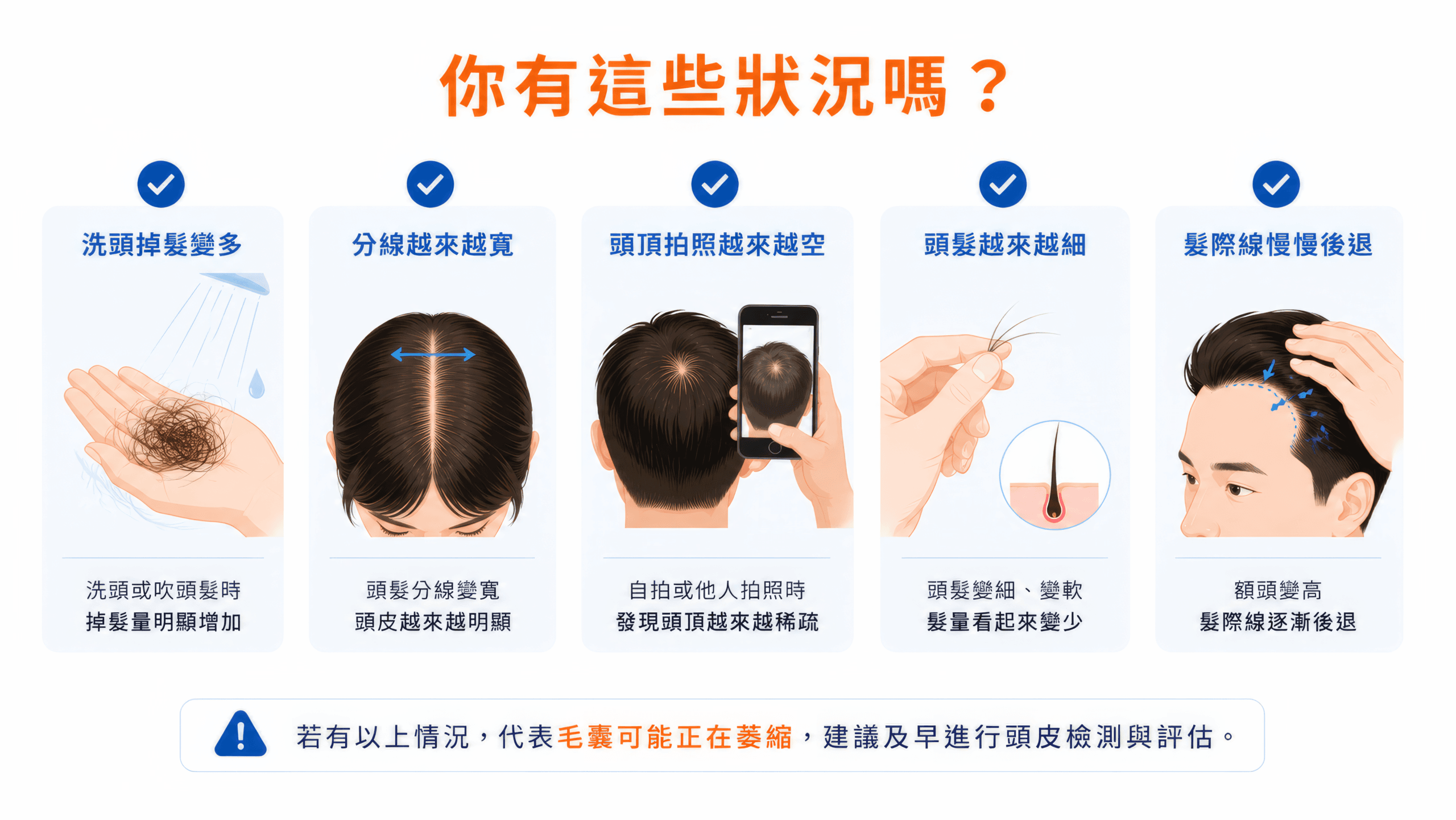掉髮自我檢測方法|檢查髮際線頭頂與掉髮量