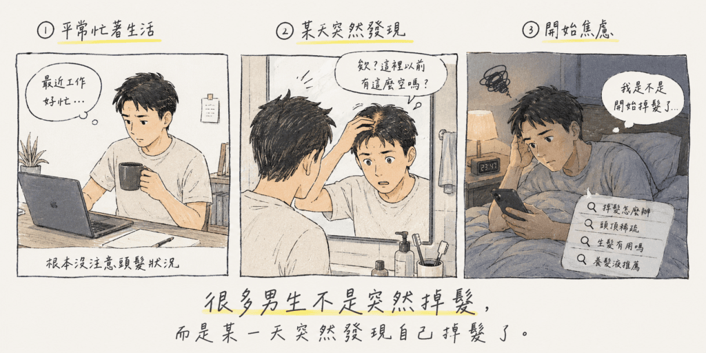 男生突然發現頭髮變少的情境插畫
